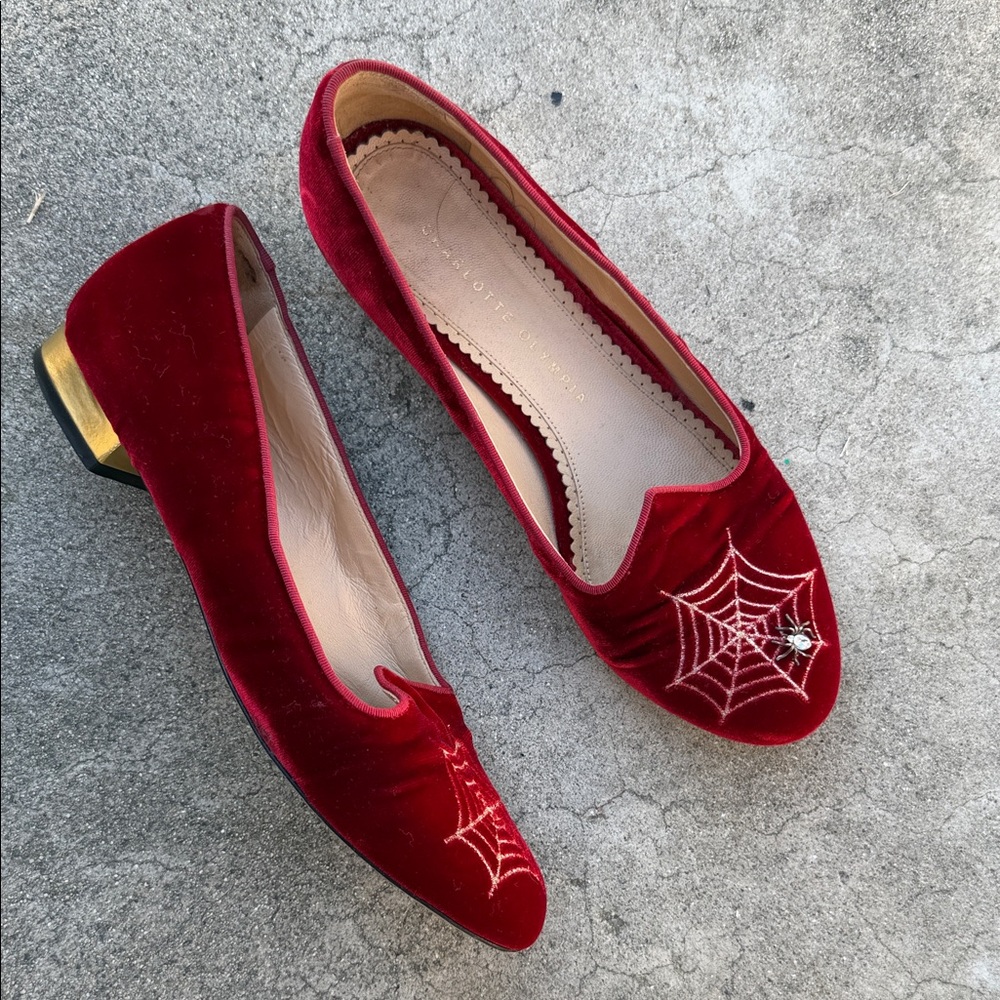 Charlotte Olympia Red Velvet Loafers with Web Detail